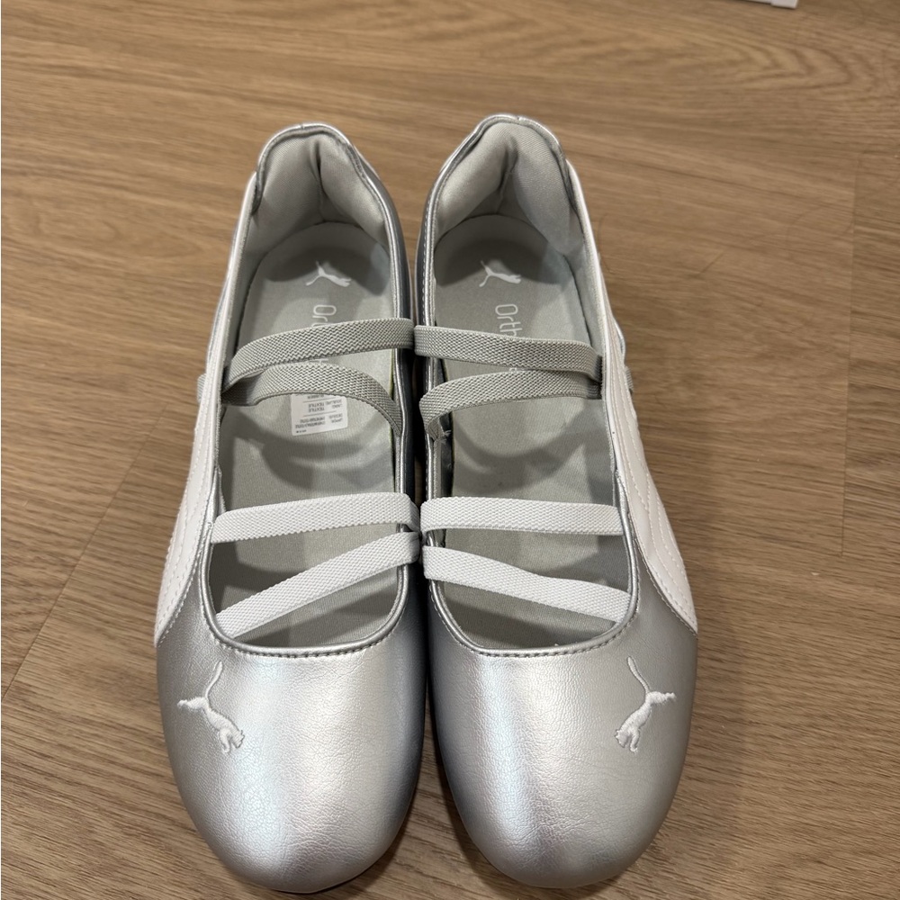 Puma Kids Metallic Silver Ballet Flats with White Straps